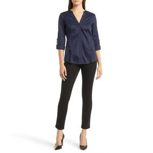 Lee Riders Shirt Womens Size XL Navy Blue Collared V-Neck 3/4 Sleeve Office